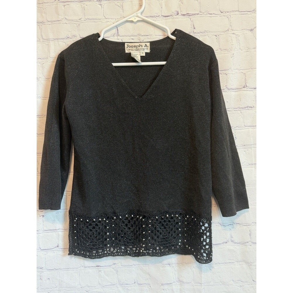 Vintage 90s Joseph A. Women's XL Black Metallic Knit Blouse Beaded Crochet Hem
